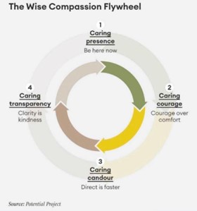 Wheel of developing wise compassion: caring presence, caring courage, caring candour, caring transparency.